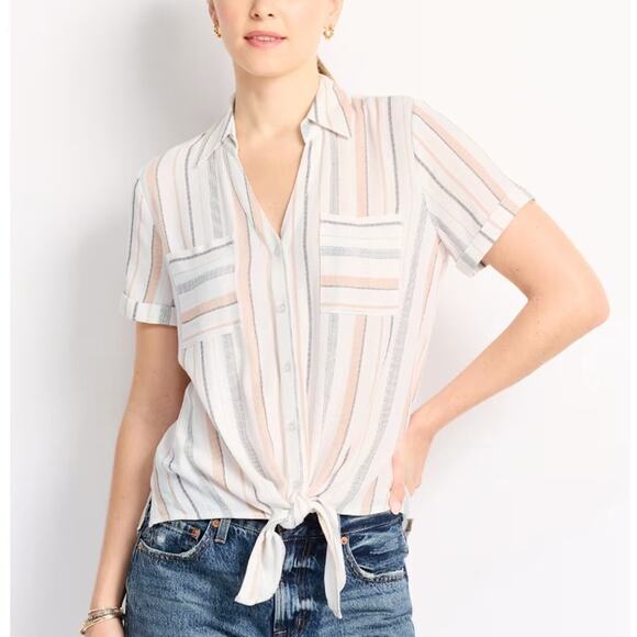 Women's Striped FORTUNE + IVY Candace Two Pocket Tie Front Blouse Size M NEW - Picture 1 of 4